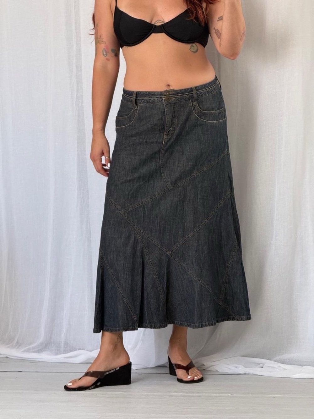 Vintage Y2K Dark Wash Patchwork Denim Maxi Skirt